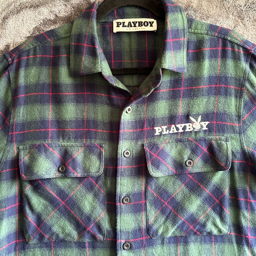Playboy Plaid Shirt Mens Small Green Flannel Button Up Bunny Logo‎ Streetwear